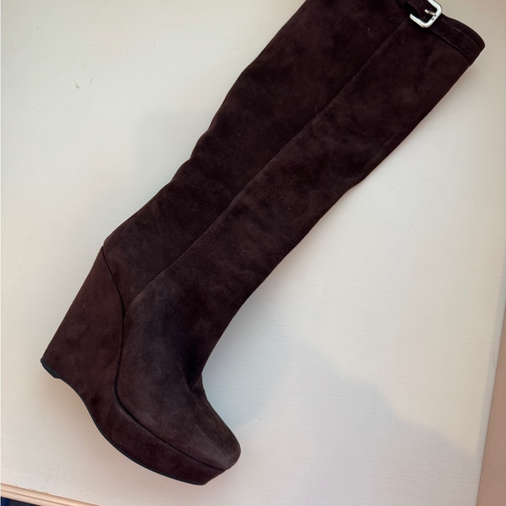 Prada Brown Suede Knee-High Wedge Boots